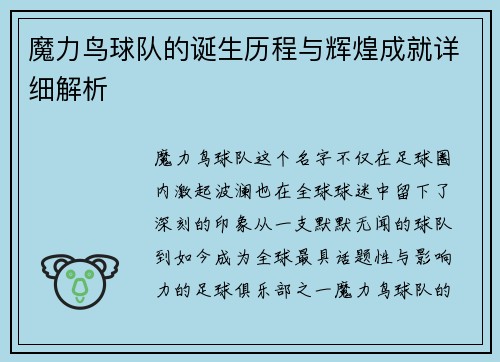 魔力鸟球队的诞生历程与辉煌成就详细解析