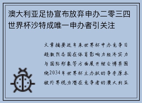 澳大利亚足协宣布放弃申办二零三四世界杯沙特成唯一申办者引关注 澳大利亚足协宣布放弃申办二零三四世界杯沙特成唯一申办者引关注