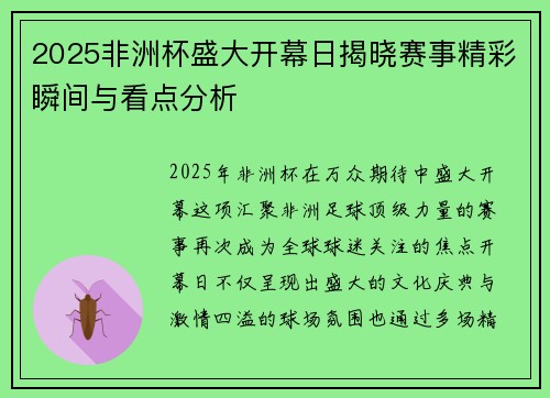 2025非洲杯盛大开幕日揭晓赛事精彩瞬间与看点分析
