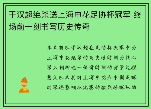 于汉超绝杀送上海申花足协杯冠军 终场前一刻书写历史传奇 于汉超绝杀送上海申花足协杯冠军 终场前一刻书写历史传奇